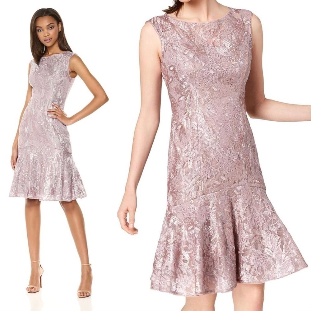 Adrianna Papell Sequin Floral Lace Trumpet Dress in Smoky Amethyst Sz. 16